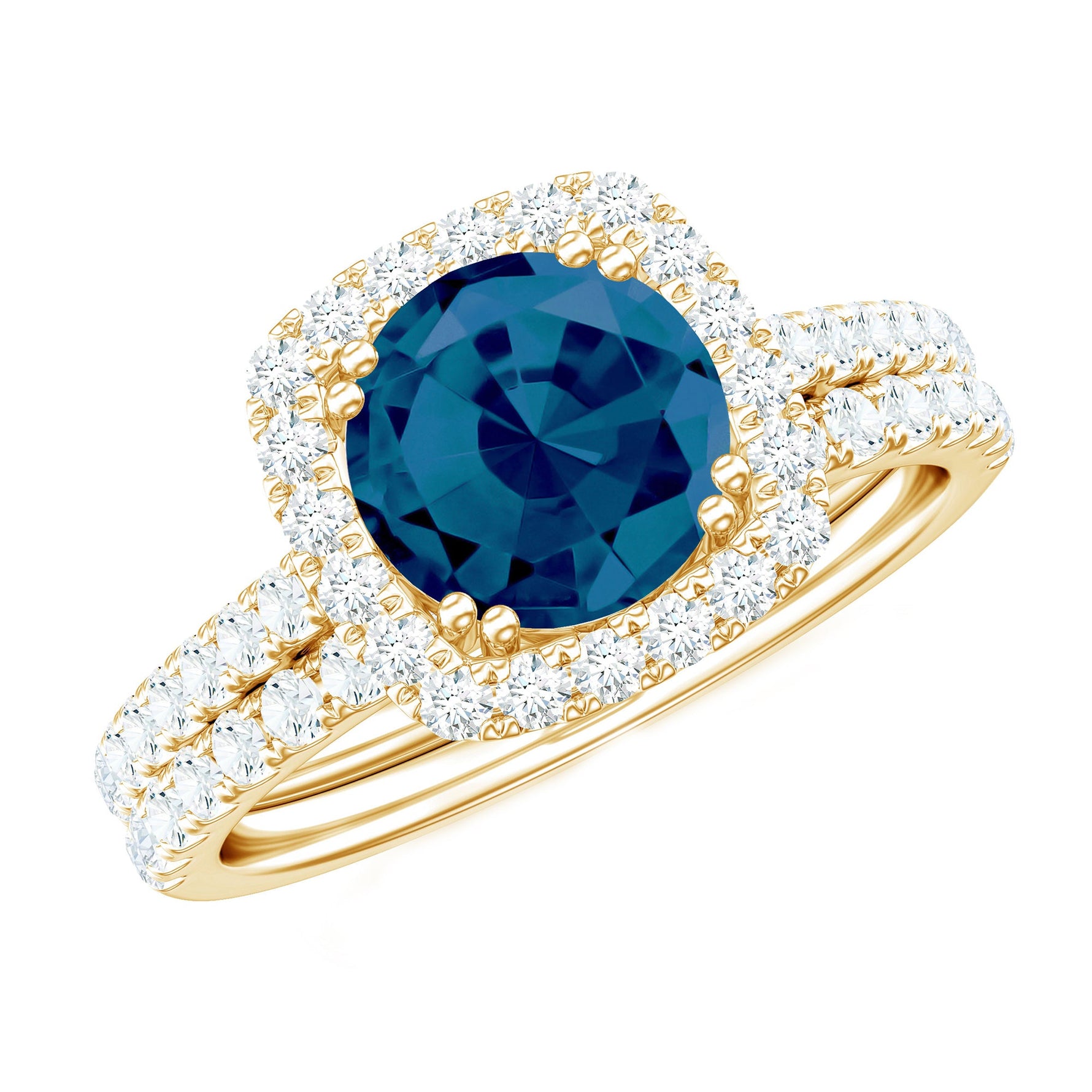 Genuine Blue Topaz and Diamond Halo Wedding Ring Set