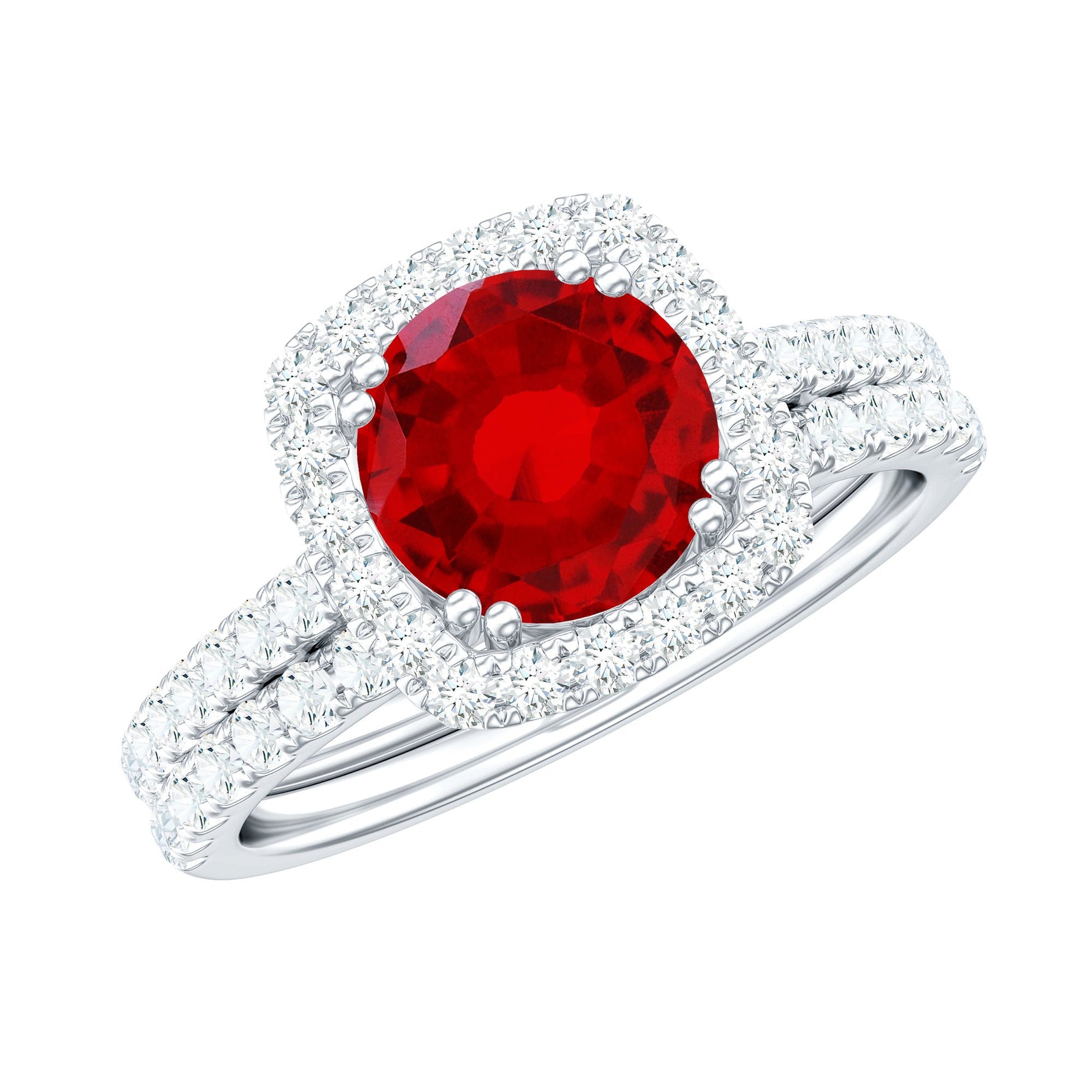 Lab Created Ruby and Moissanite Halo Wedding Ring Set for Bride