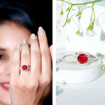 Lab Created Ruby and Moissanite Halo Wedding Ring Set for Bride