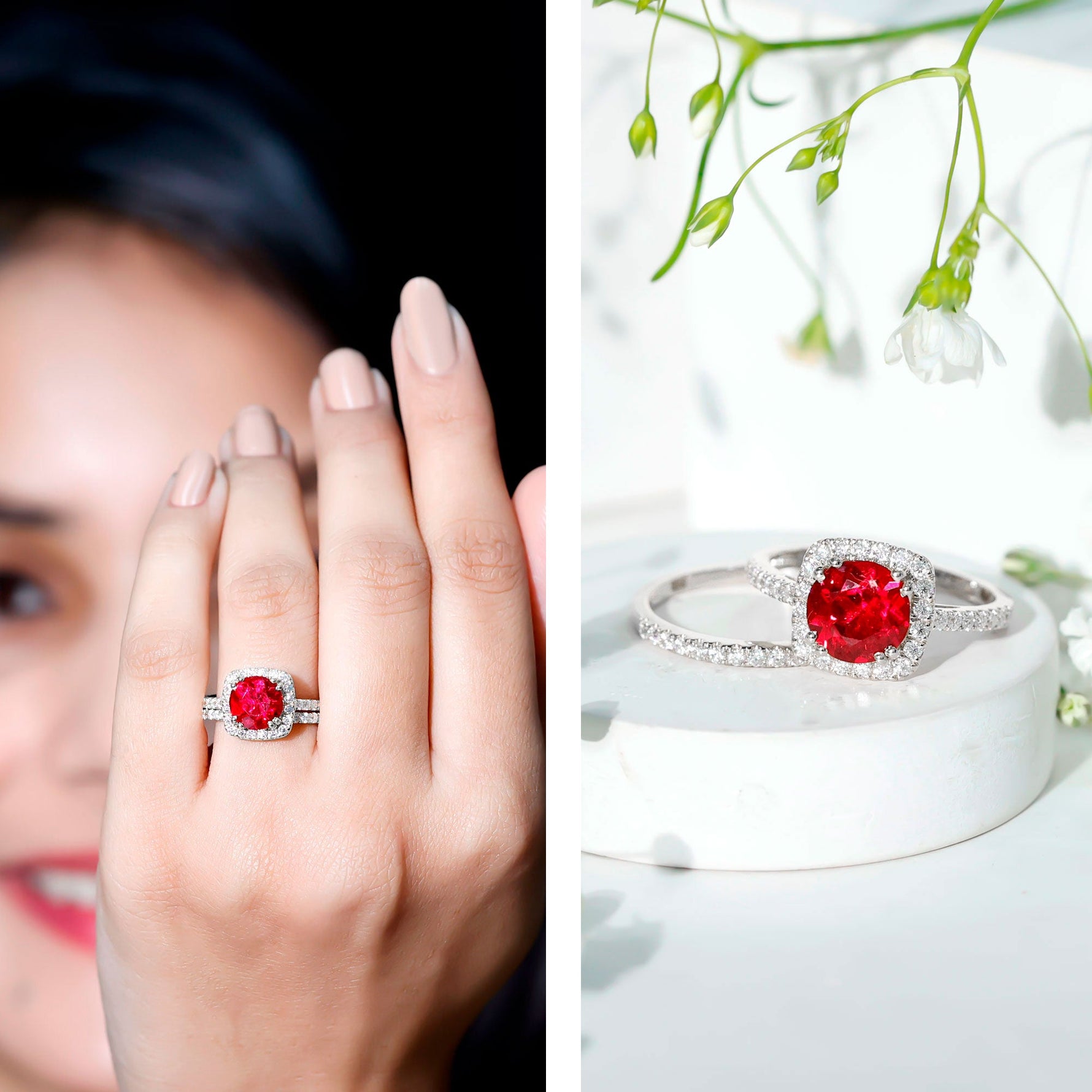 Lab Created Ruby and Moissanite Halo Wedding Ring Set for Bride