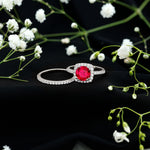 Lab Created Ruby and Moissanite Halo Wedding Ring Set for Bride
