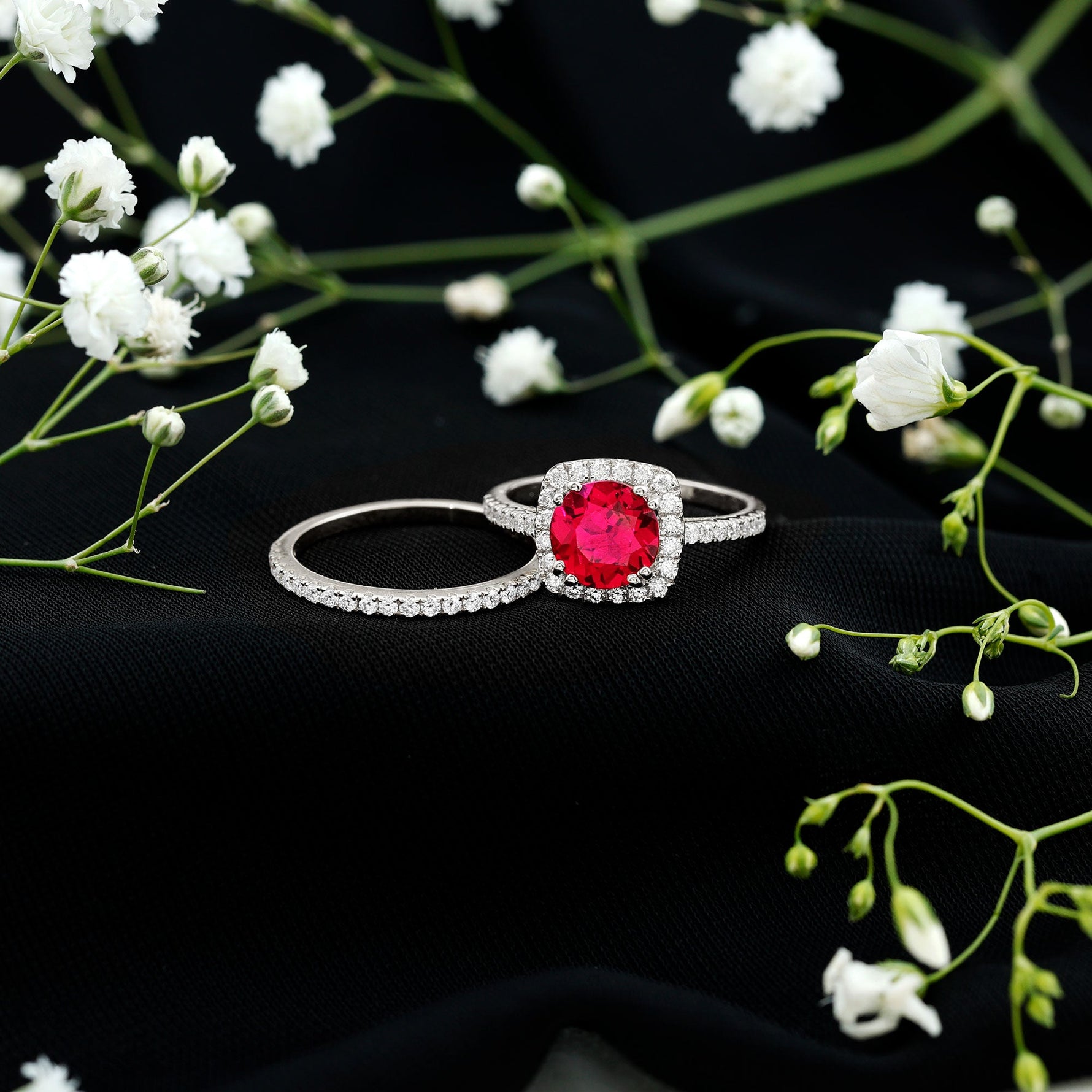 Lab Created Ruby and Moissanite Halo Wedding Ring Set for Bride
