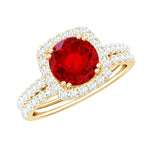 Lab Created Ruby and Moissanite Halo Wedding Ring Set for Bride