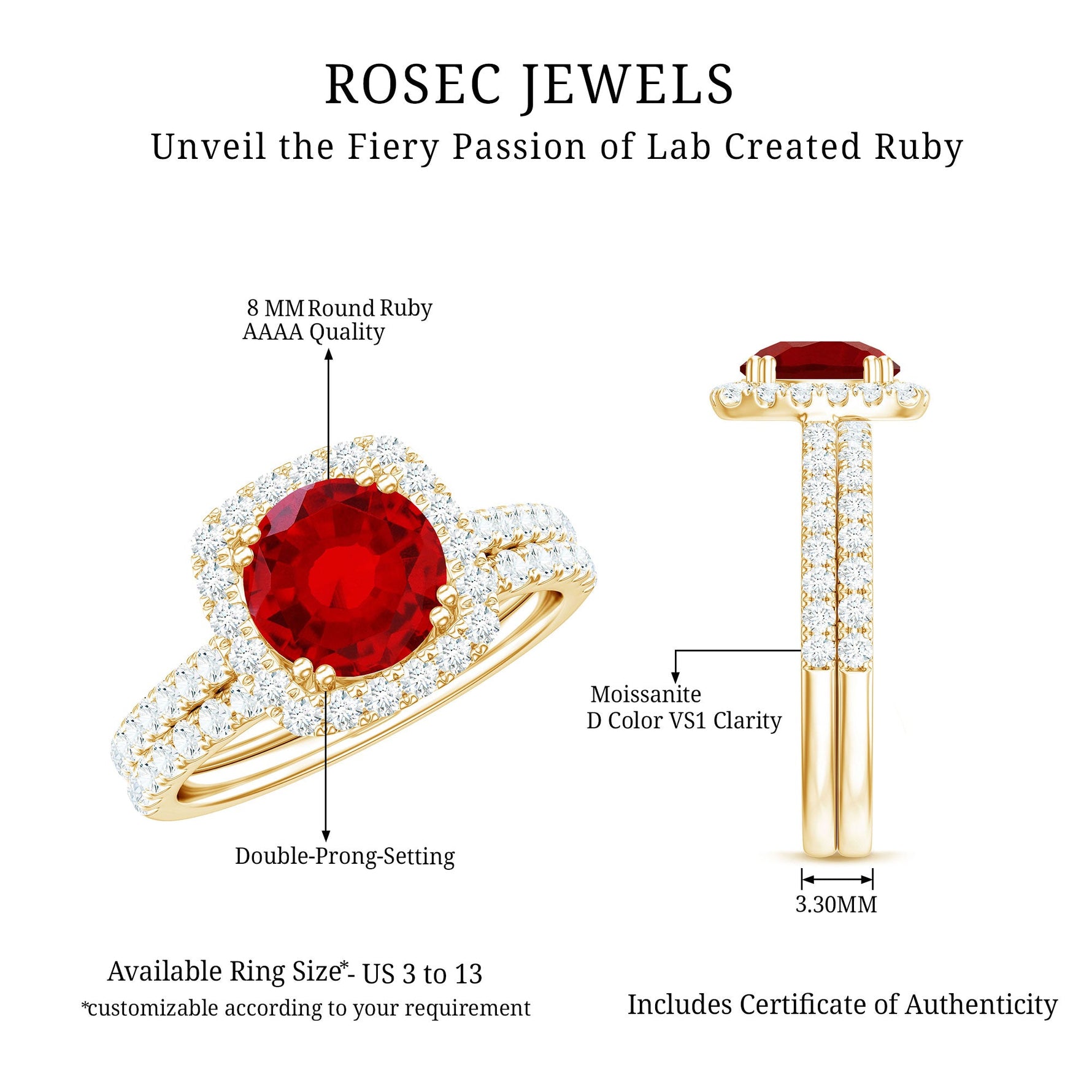 Lab Created Ruby and Moissanite Halo Wedding Ring Set for Bride