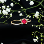Lab Created Ruby and Moissanite Halo Wedding Ring Set for Bride