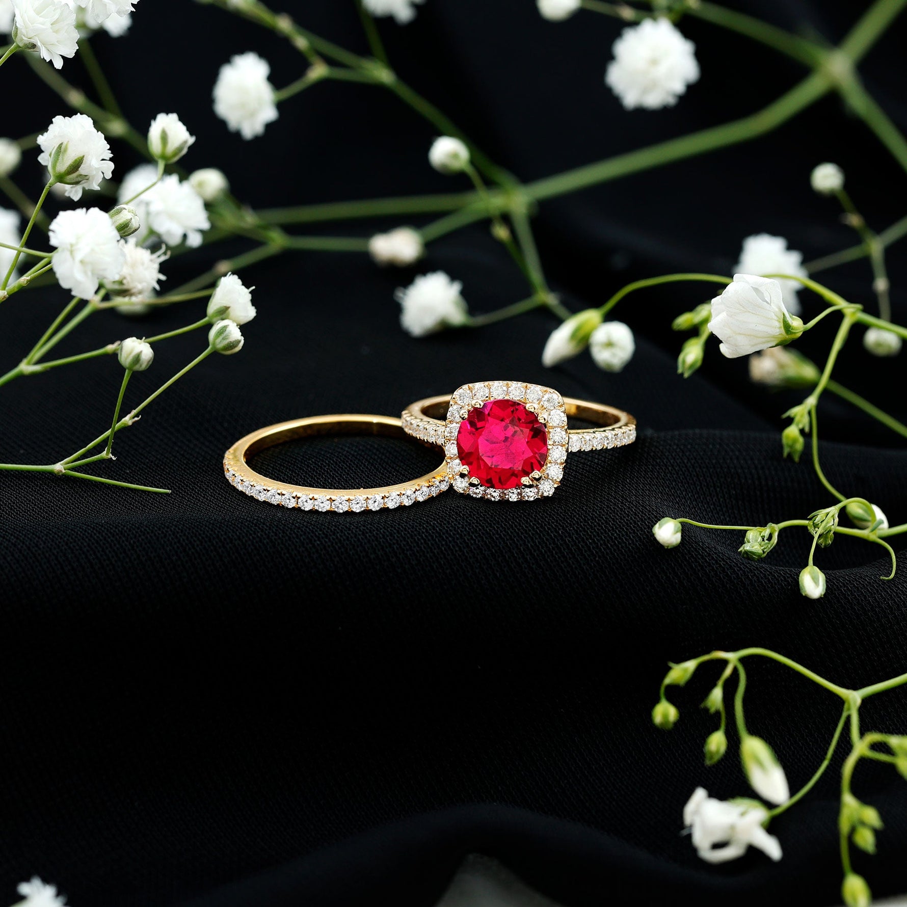 Lab Created Ruby and Moissanite Halo Wedding Ring Set for Bride