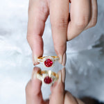 Lab Created Ruby and Moissanite Halo Wedding Ring Set for Bride