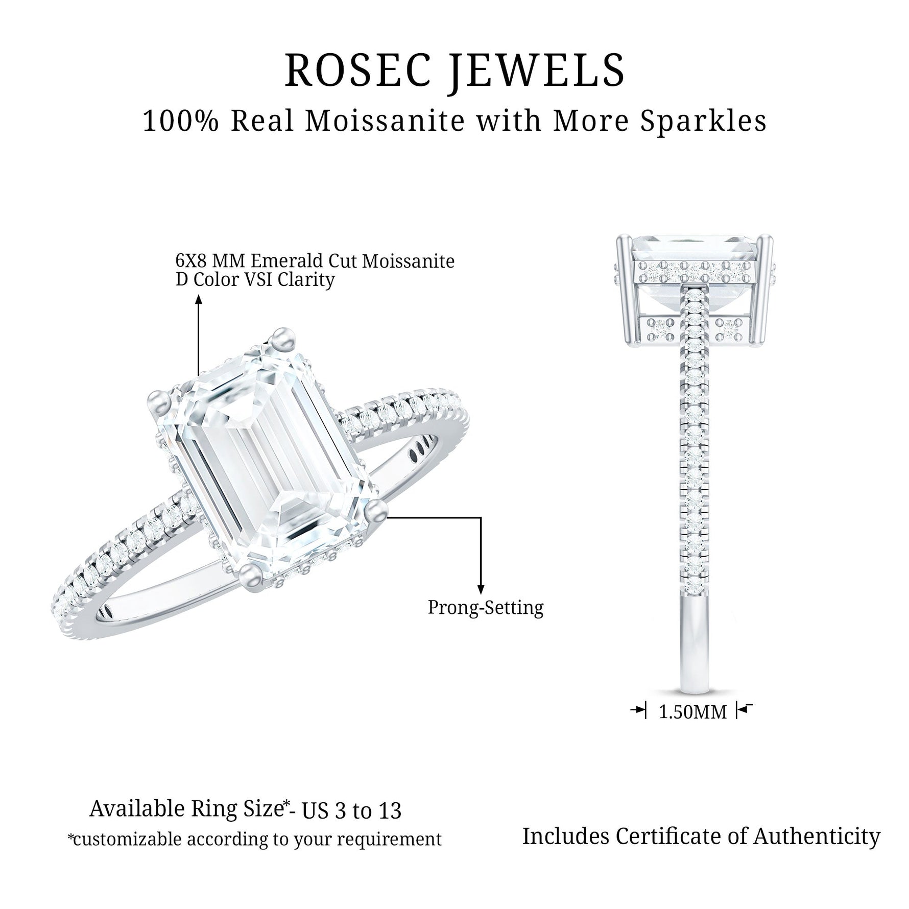 6X8 MM Certified Moissanite Emerald Cut Engagement Ring For Women