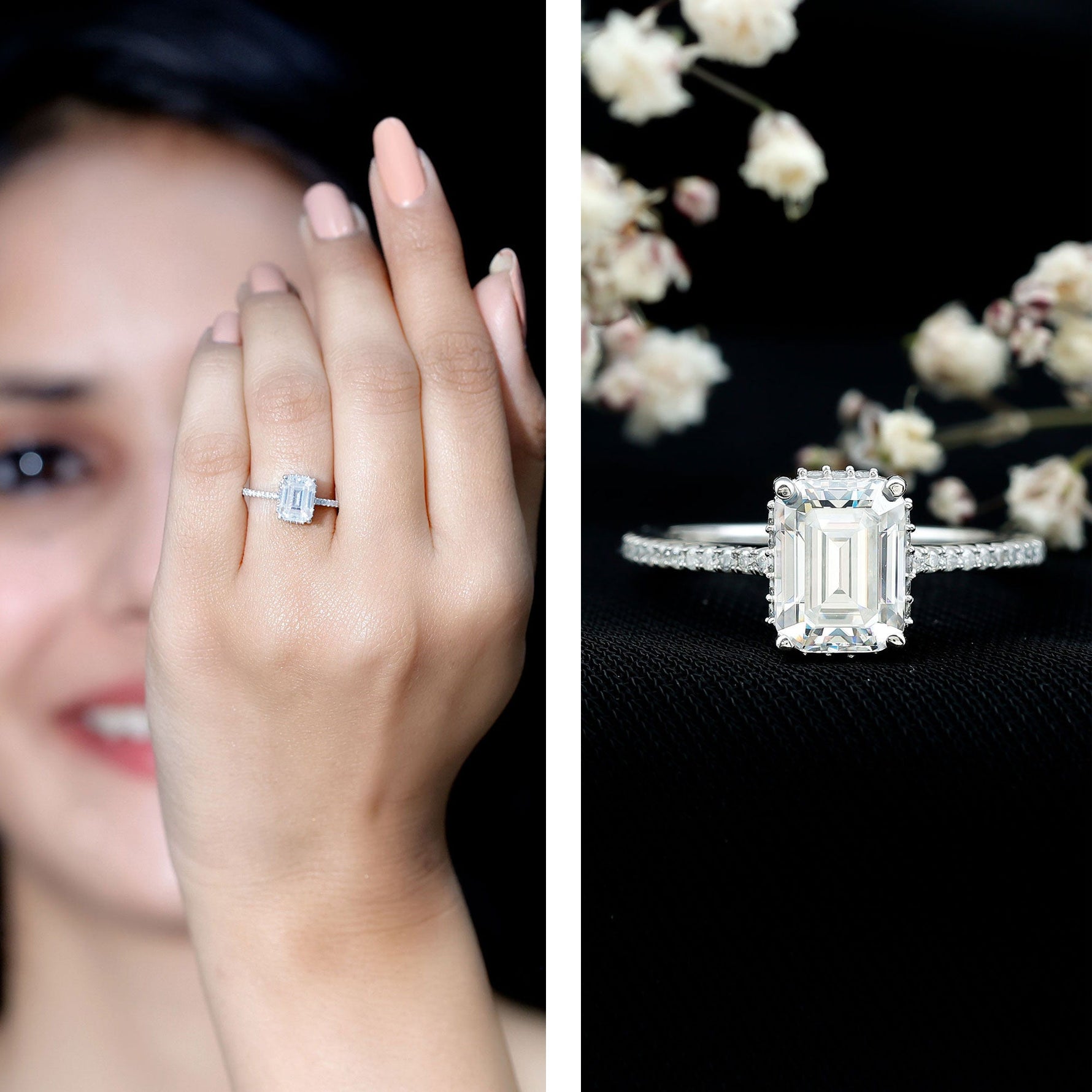 6X8 MM Certified Moissanite Emerald Cut Engagement Ring For Women