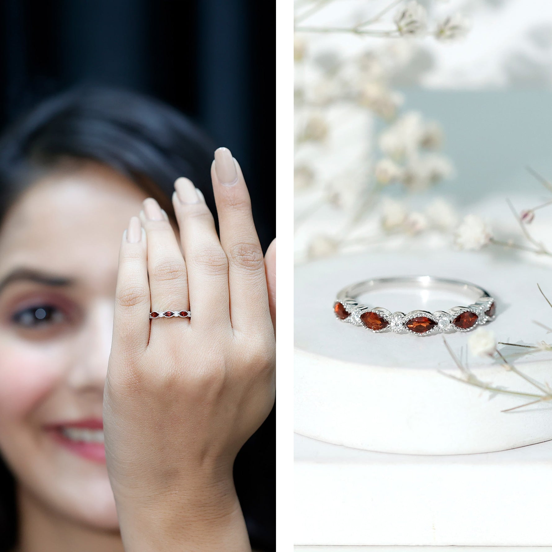 Marquise Cut Real Garnet Eternity Ring with Moissanite