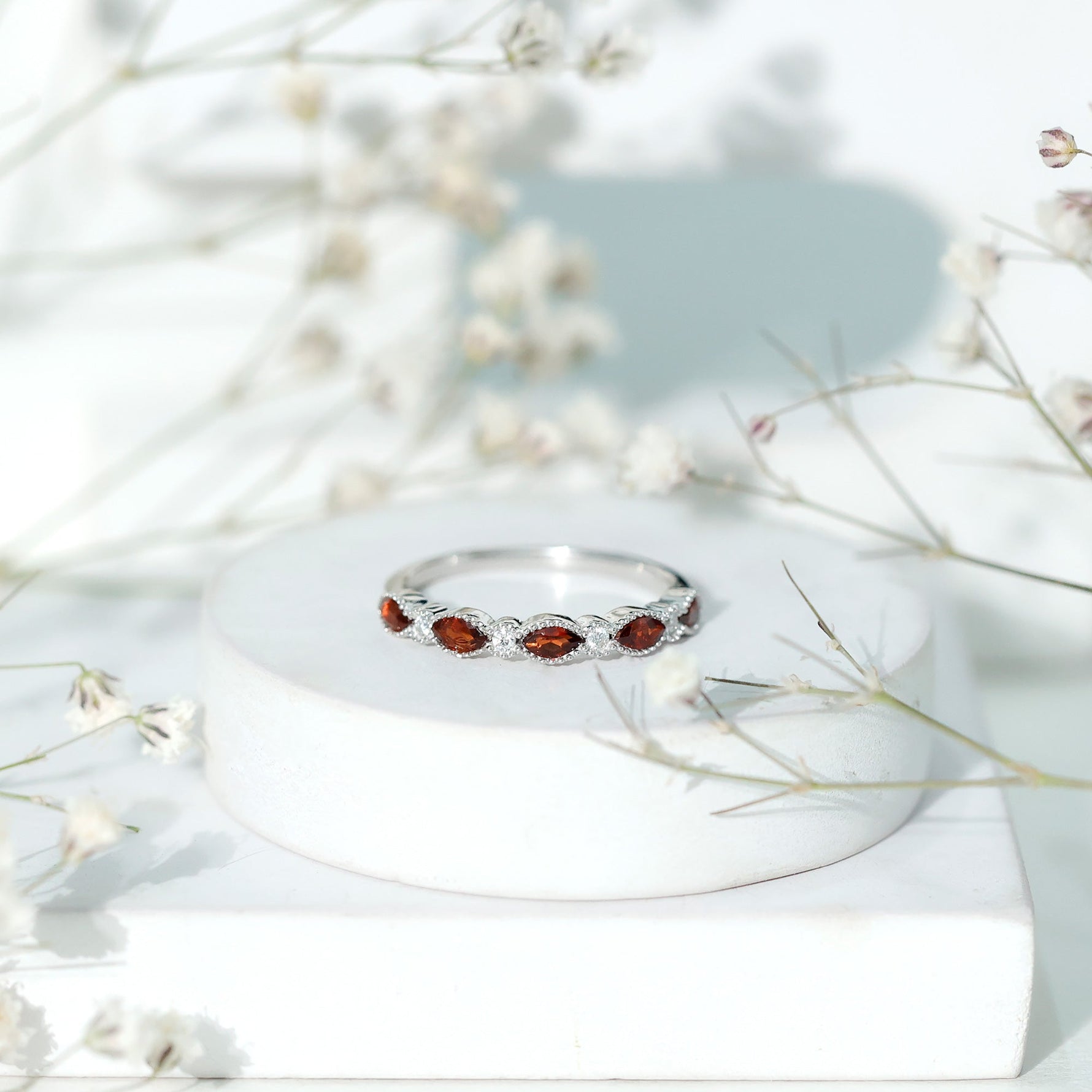 Marquise Cut Real Garnet Eternity Ring with Moissanite