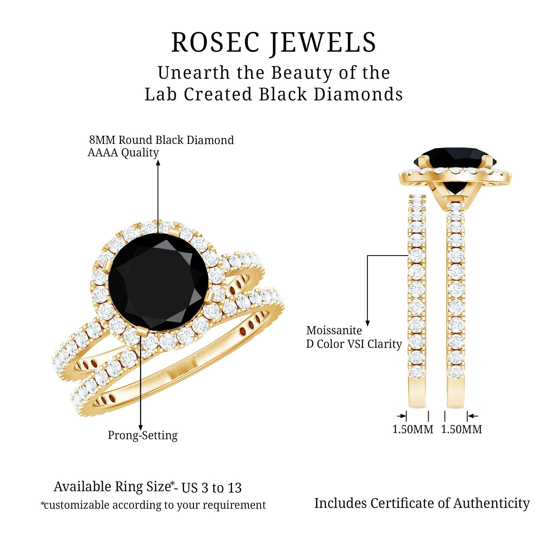 Lab Grown Black Diamond and Moissanite Halo Wedding Ring Set