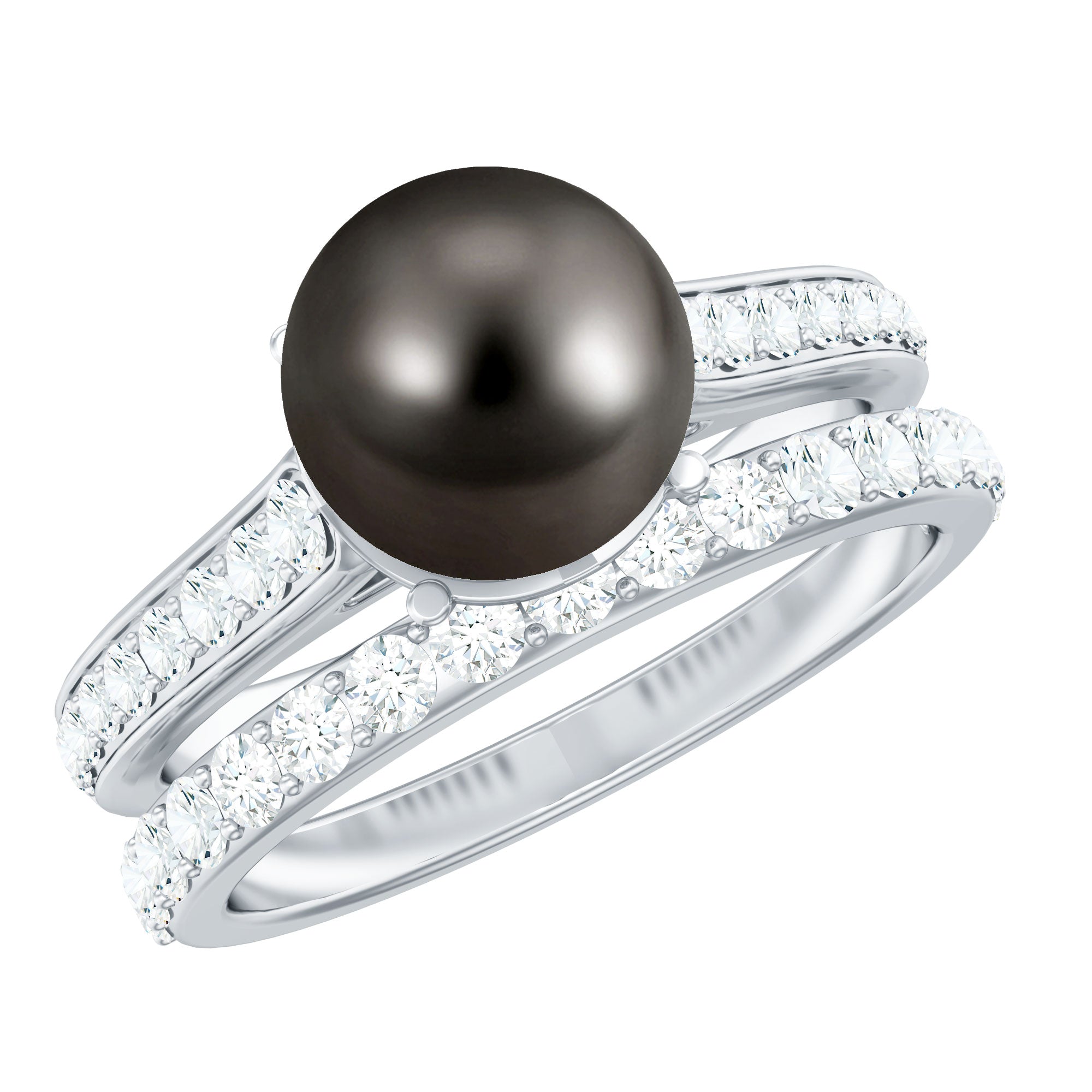 Elegant Wedding Ring Set with 9.75 CT Tahitian Pearl and Moissanite