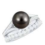 Designer Tahitian Black Pearl Wedding Ring Set with Moissanite