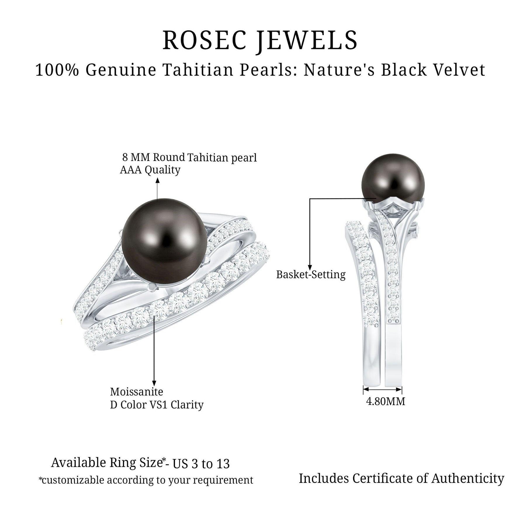 Designer Tahitian Black Pearl Wedding Ring Set with Moissanite