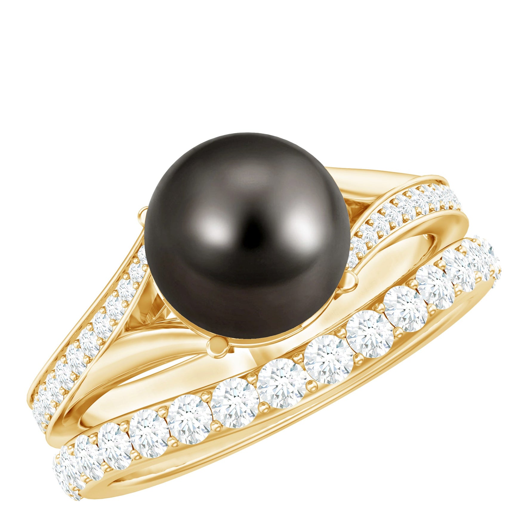 Designer Tahitian Black Pearl Wedding Ring Set with Moissanite