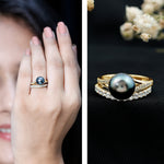 Designer Tahitian Black Pearl Wedding Ring Set with Moissanite