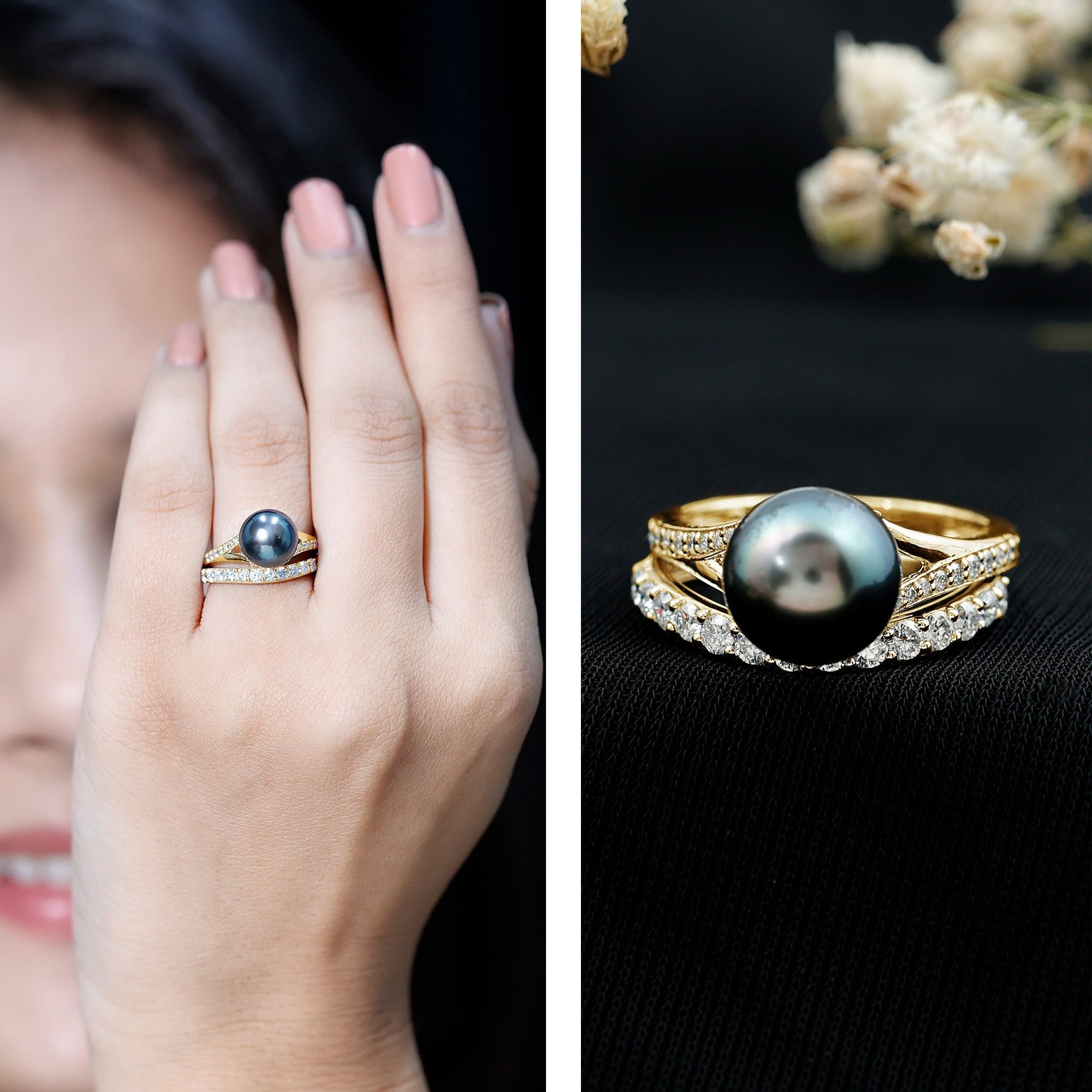 Designer Tahitian Black Pearl Wedding Ring Set with Moissanite