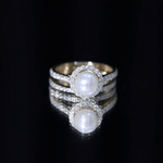 Freshwater Pearl and Moissanite Halo Wedding Ring Set in Gold
