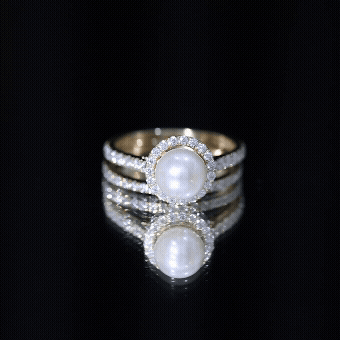 Freshwater Pearl and Moissanite Halo Wedding Ring Set in Gold