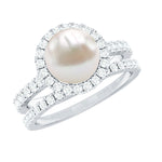 Freshwater Pearl and Moissanite Halo Wedding Ring Set in Gold