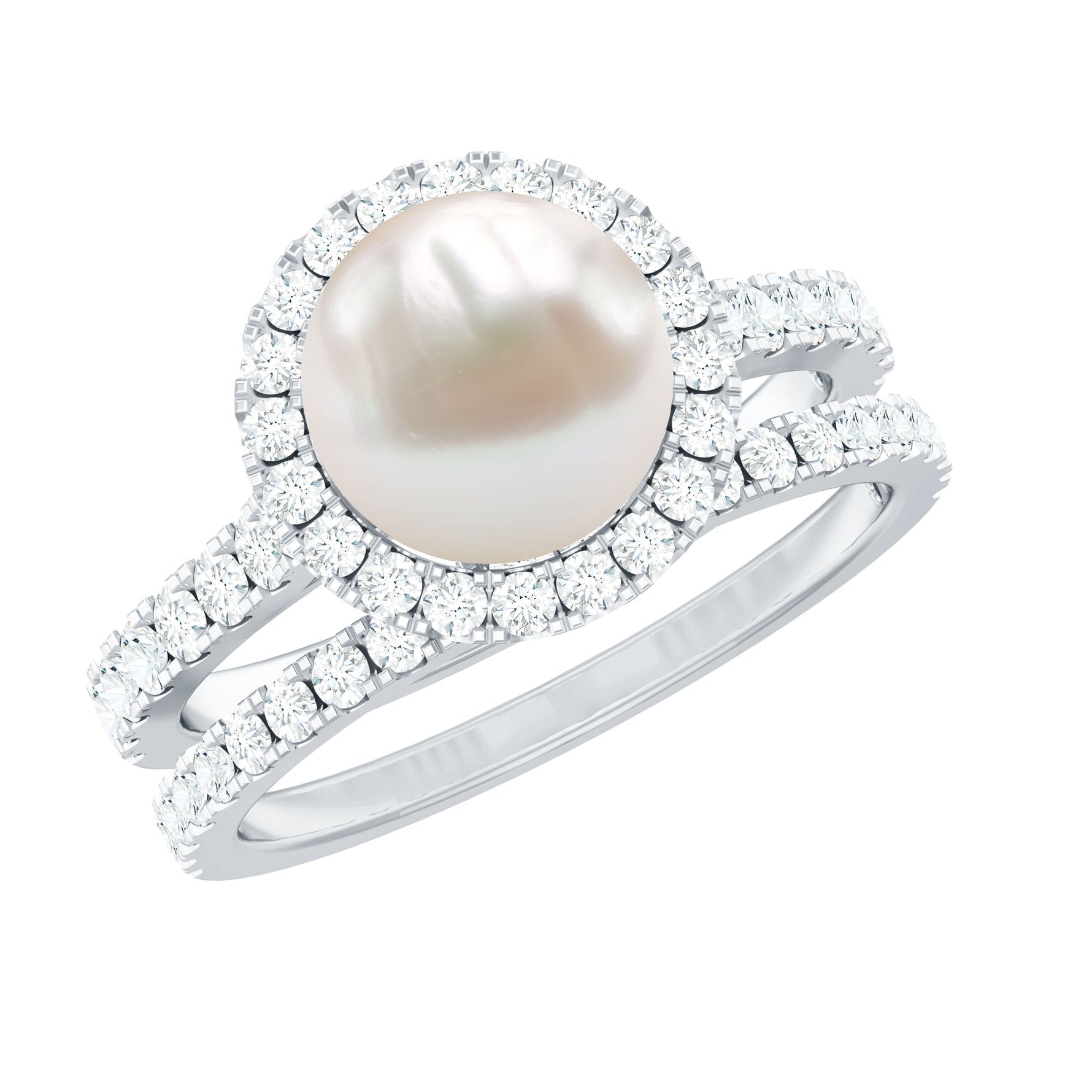 Freshwater Pearl and Moissanite Halo Wedding Ring Set in Gold
