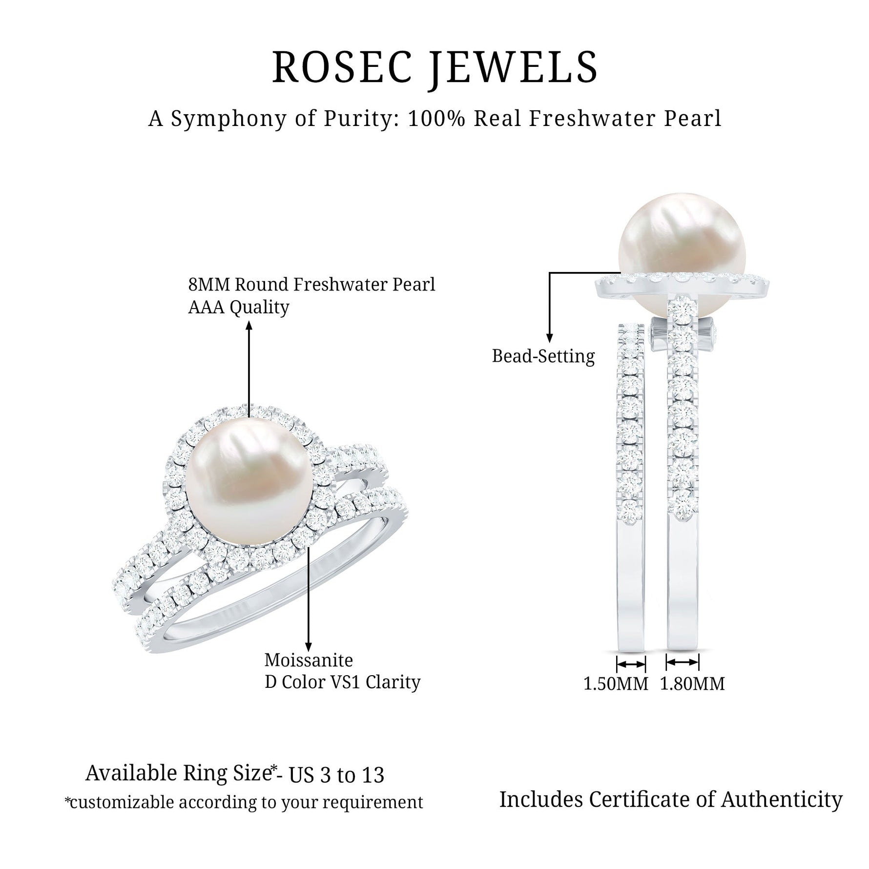 Freshwater Pearl and Moissanite Halo Wedding Ring Set in Gold