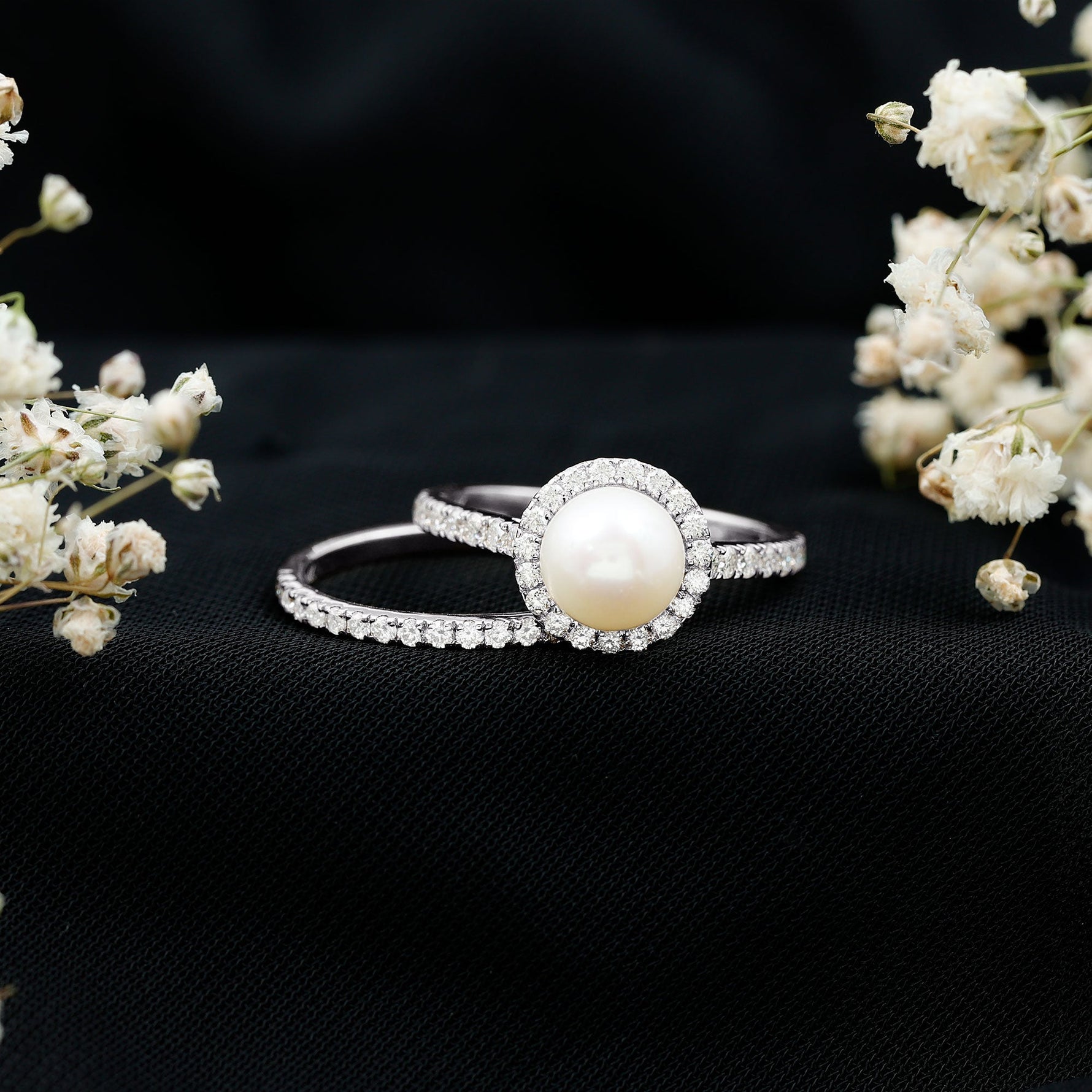 Freshwater Pearl and Moissanite Halo Wedding Ring Set in Gold