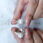Freshwater Pearl and Moissanite Halo Wedding Ring Set in Gold