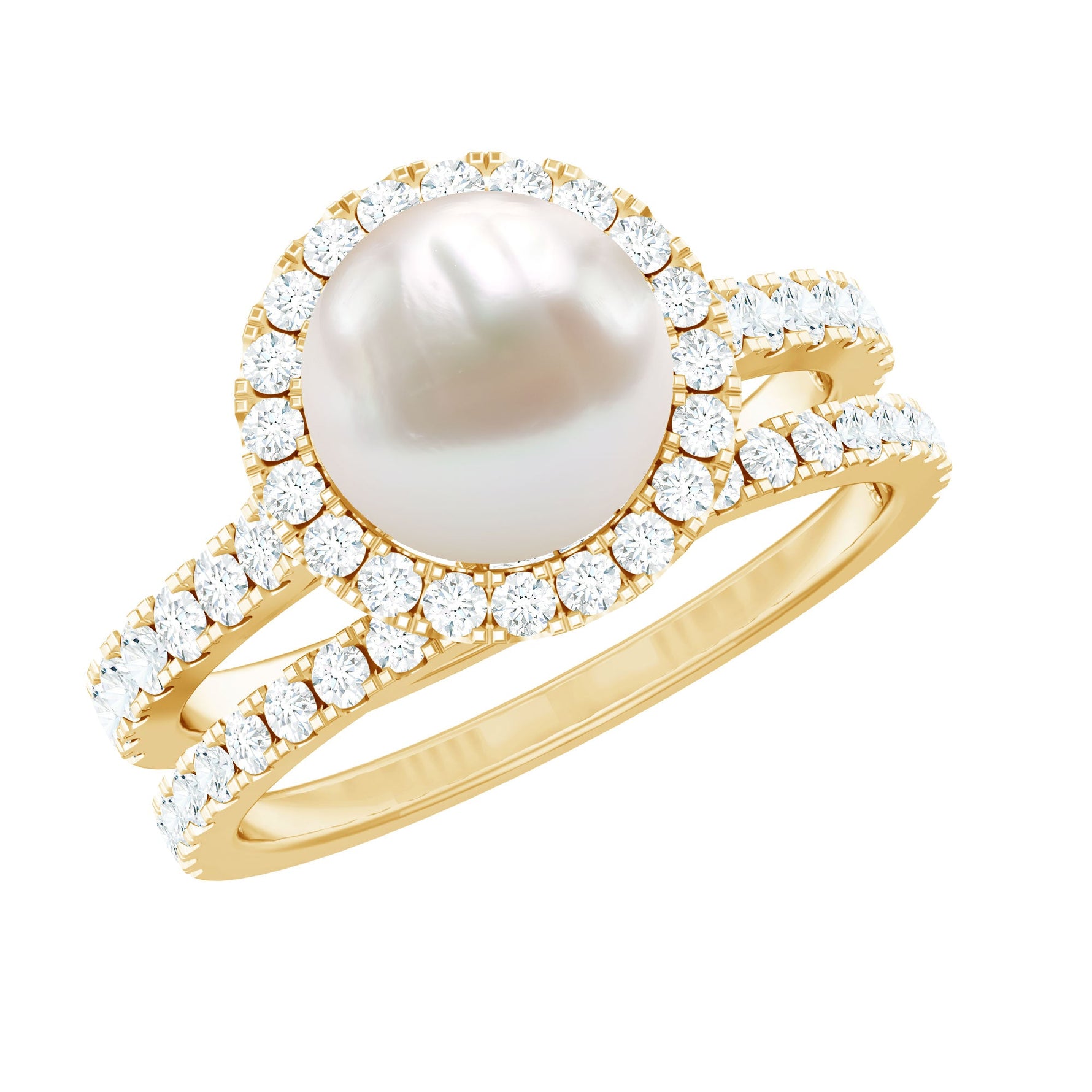 Freshwater Pearl and Moissanite Halo Wedding Ring Set in Gold