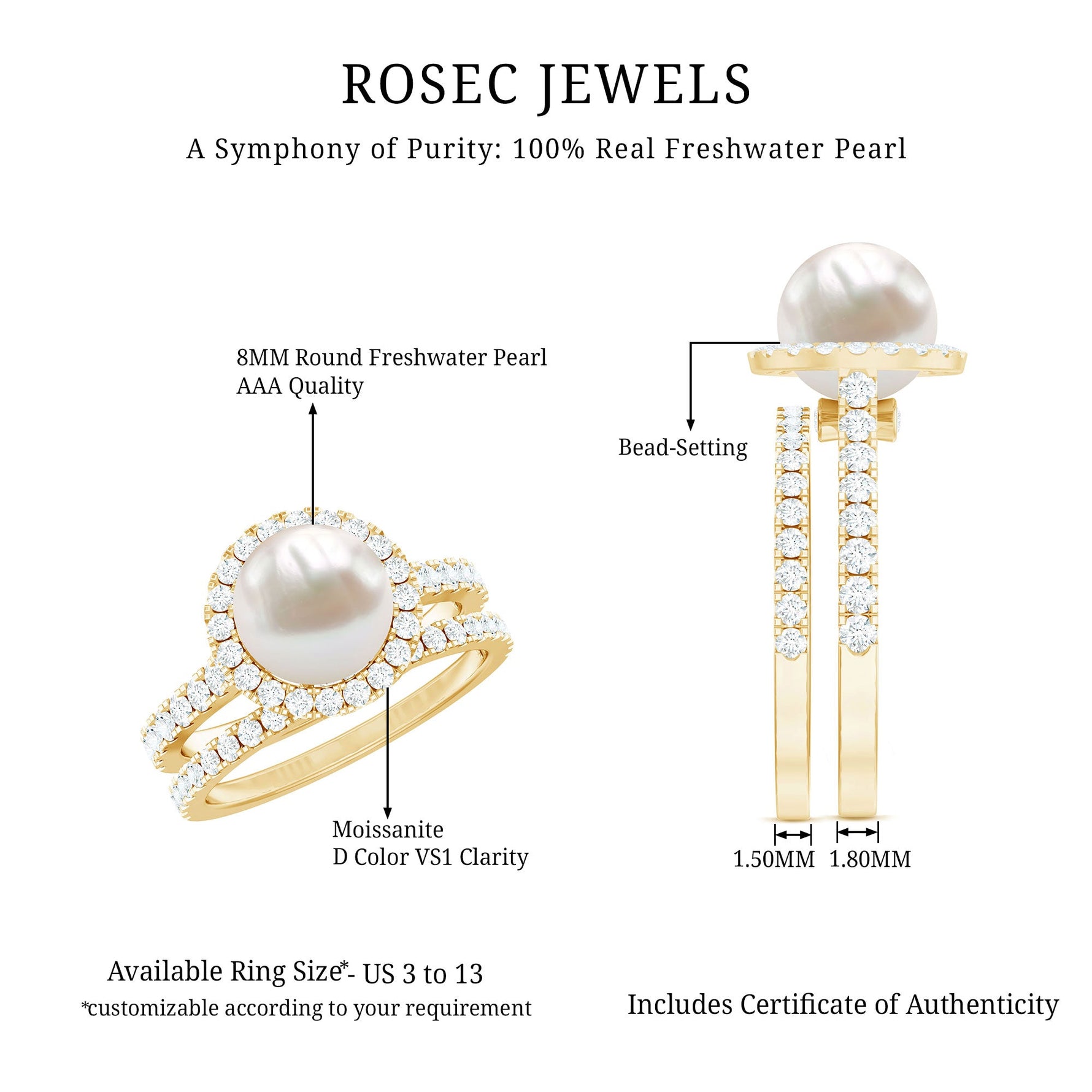 Freshwater Pearl and Moissanite Halo Wedding Ring Set in Gold