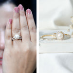 Freshwater Pearl and Moissanite Halo Wedding Ring Set in Gold