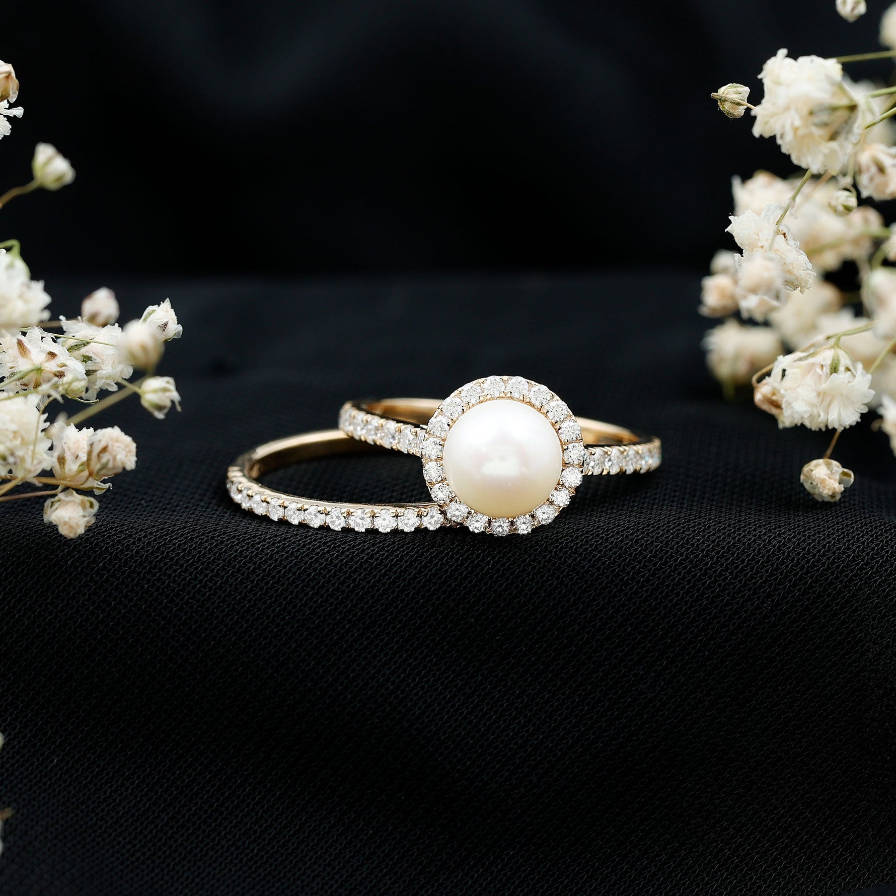 Freshwater Pearl and Moissanite Halo Wedding Ring Set in Gold