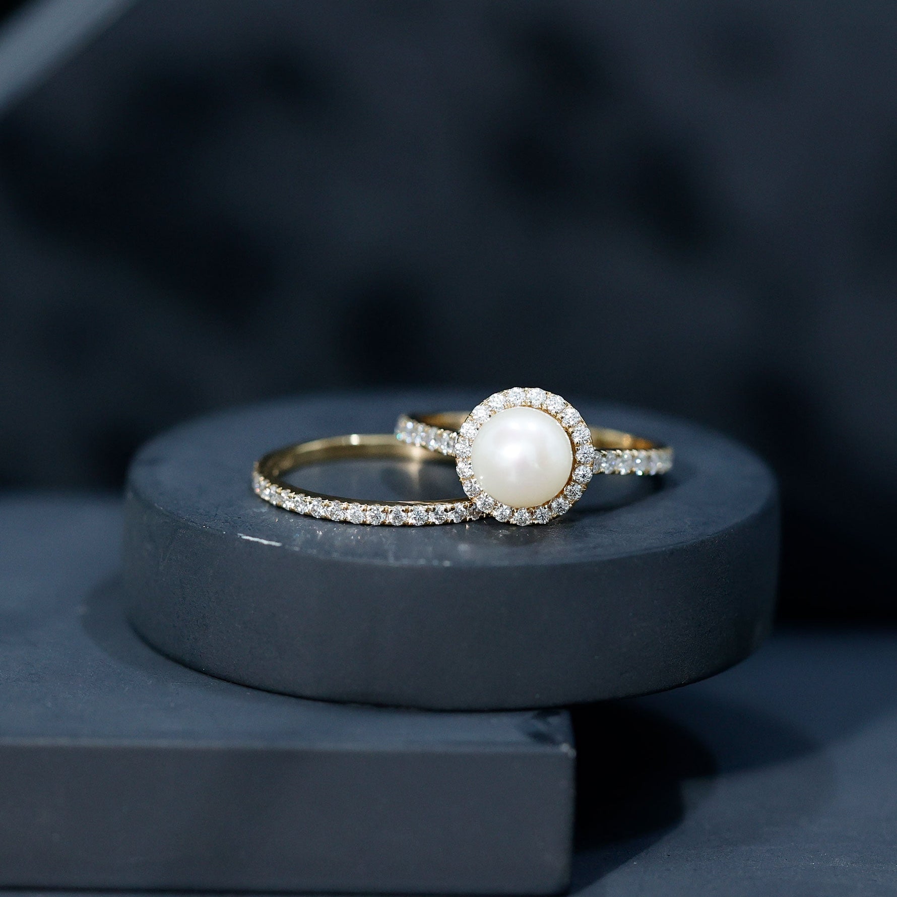 Freshwater Pearl and Moissanite Halo Wedding Ring Set in Gold