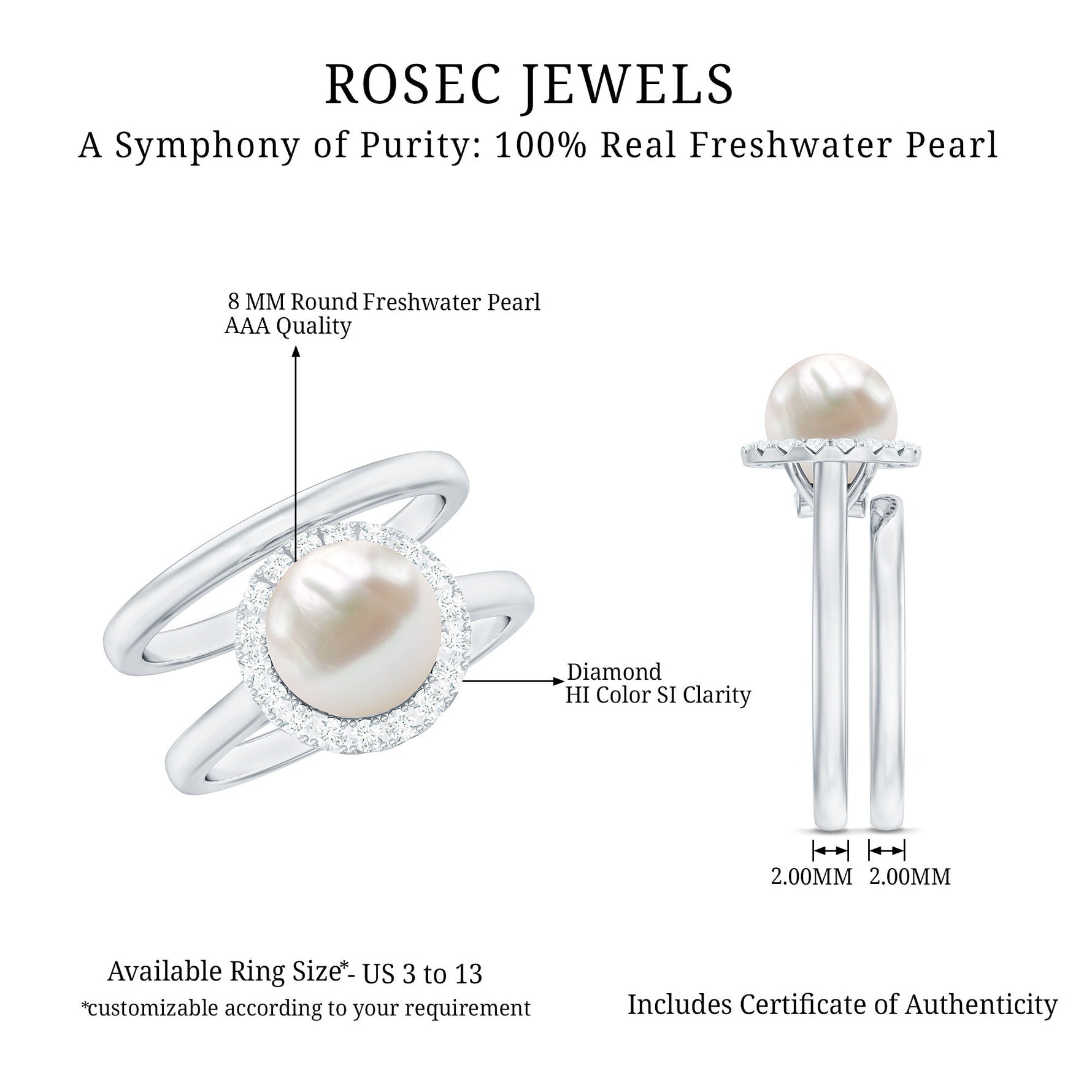 Real Freshwater Pearl Halo Wedding Ring Set with Plain Band