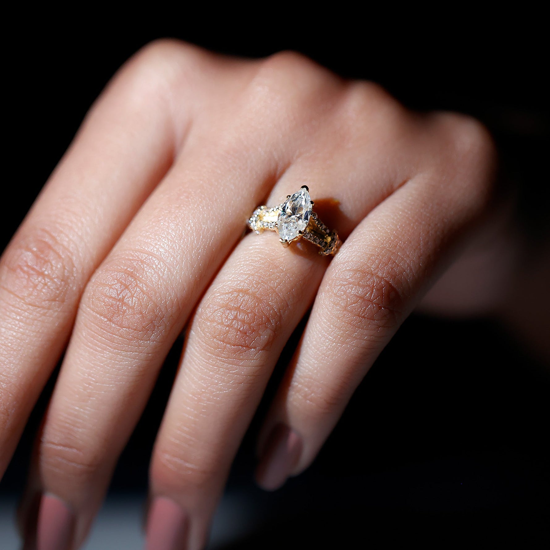 Certified Moissanite Marquise Engagement Ring with Split Shank