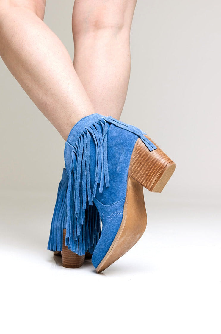 Amos Fringe Ankle Bootie in Blue Suede Naughty Monkey