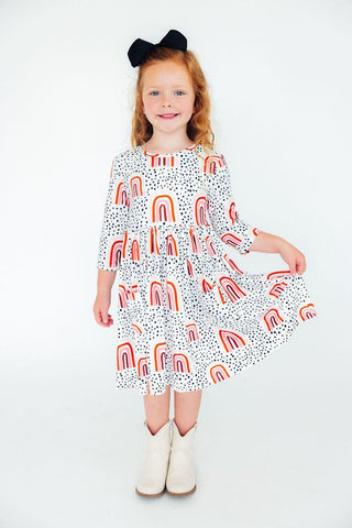 Peach Rainbow 3/4 Sleeve Pocket Twirl Dress