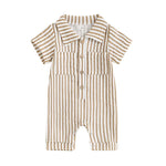 Baby Boy Striped Romper Short Sleeve Front Pocket Single-breasted Button Collar Legs Jumpsuit
