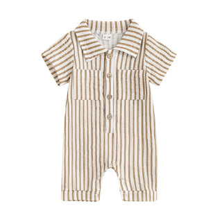 Baby Boy Striped Romper Short Sleeve Front Pocket Single-breasted Button Collar Legs Jumpsuit