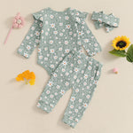 Baby Girl 3Pcs Spring Fall Outfit Floral Print Long Frill Sleeve Romper Long Flower Pants Headband Set
