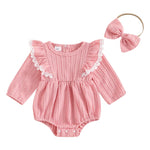 Baby Girls 2Pcs Set Lace Ruffled Trim Ribbed Long Sleeve Round Neck Romper Bow Headband Outfit
