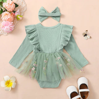 Baby Toddler Girls 2Pcs Outfit Floral Mesh Ruffles Long Sleeve Romper Dress Skirt Tutu and Headband Set