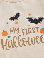 Baby Toddler Boys 2Pcs My First Halloween Outfit Letter Print Long Sleeve Top with Bat Embroidered Jogger Pants Set