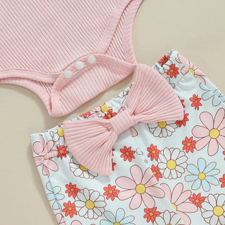 Baby Girls 3Pcs Fall Outfit Ruffle Ribbed Long Sleeve Romper Flower Flare Pants Tie Headband Set