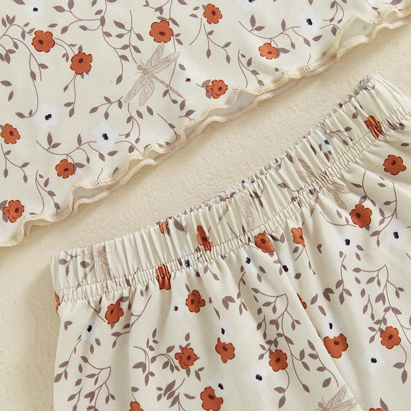 Baby Toddler Girls 2Pcs Set Floral Print Lettuce Trim Short Sleeve T-shirt Top Elastic Waist Shorts Summer Clothes Outfit