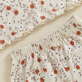 Baby Toddler Girls 2Pcs Set Floral Print Lettuce Trim Short Sleeve T-shirt Top Elastic Waist Shorts Summer Clothes Outfit