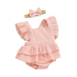 Baby Girls 2Pcs Romper Dress Solid Color Fly Sleeve Skirt Hem Tank Top Bodysuit Summer Clothes with Headband Set