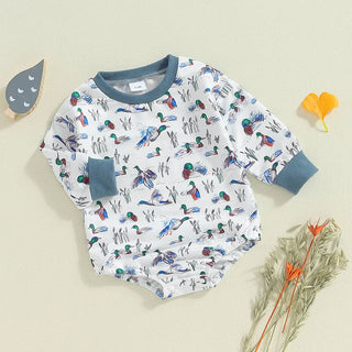 Baby Boys Fall Bodysuit Duck Print Long Sleeve Crewneck Jumpsuit Fall Spring