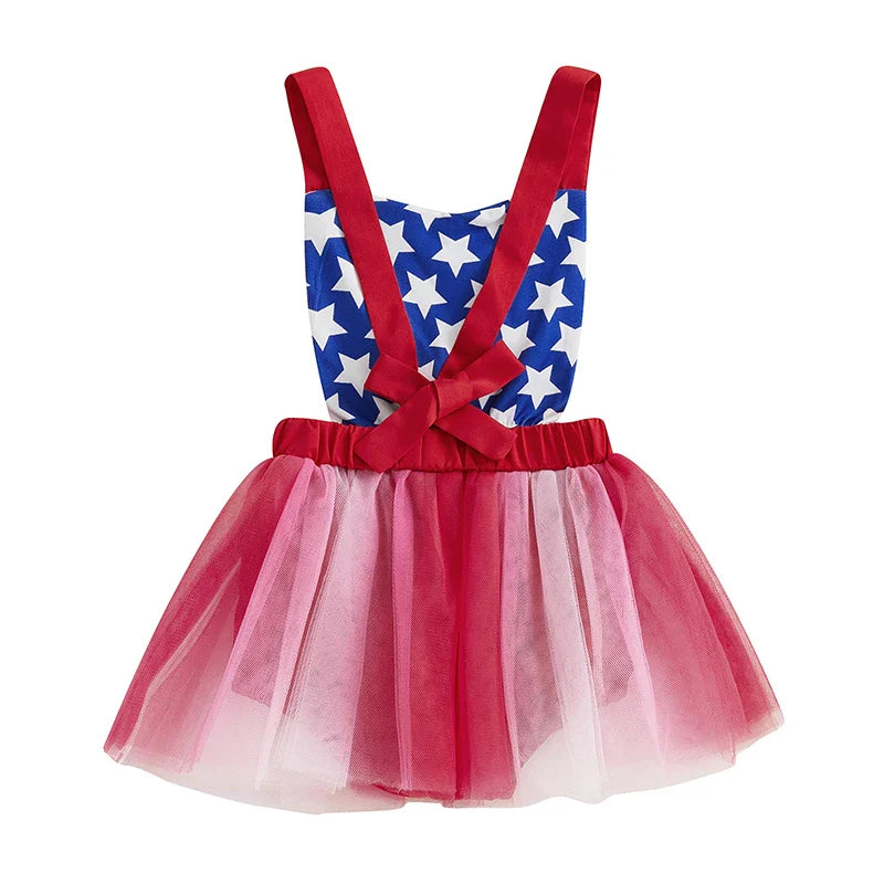 Baby Girls Romper Dress Sleeveless Tank Stars USA Flag Heart Tulle Patchwork Party Bodysuit Tutu Summer 4th of July Clothing